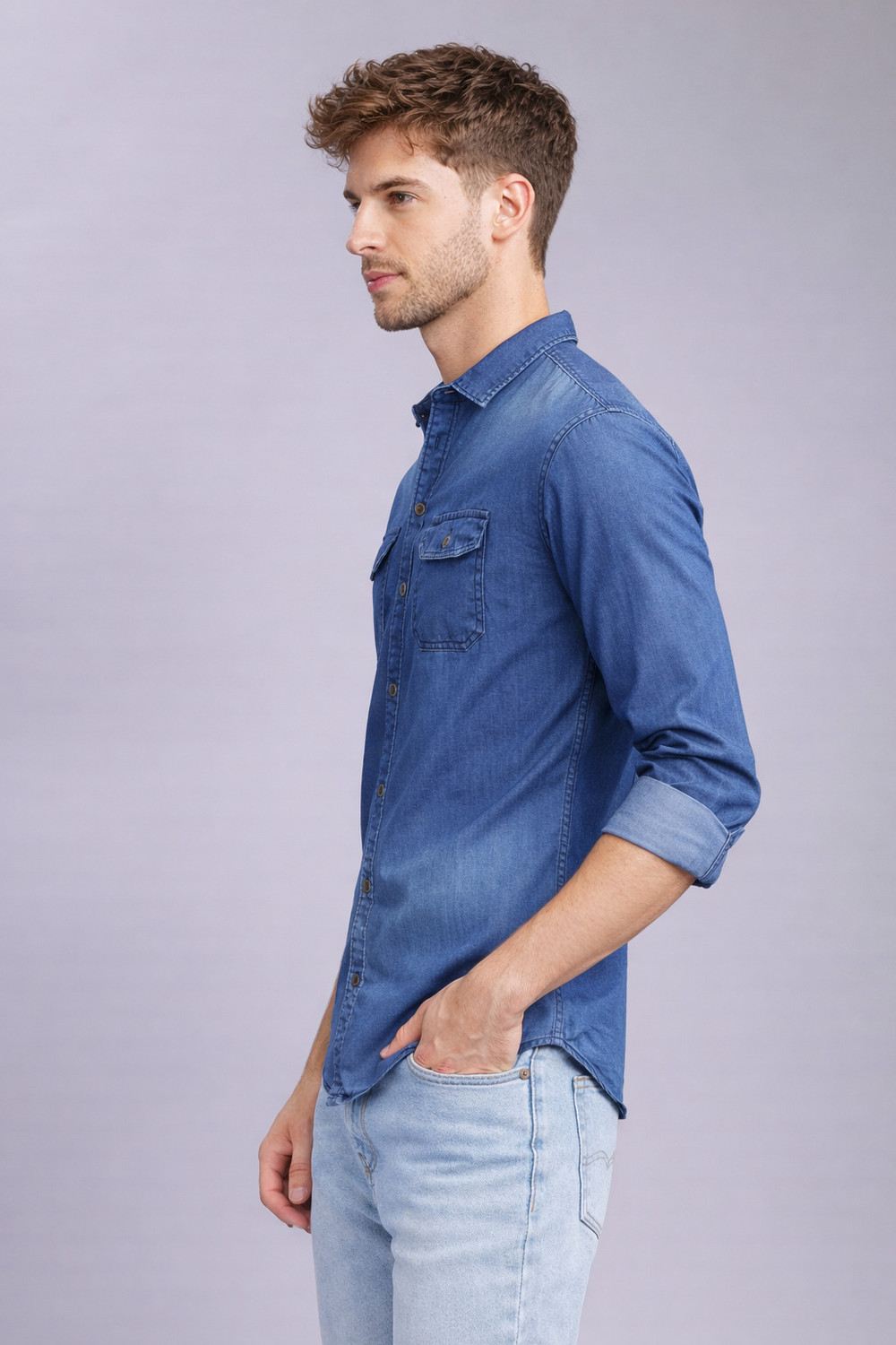 Image of AIDAN PAUL Men Washed Casual Blue Shirt