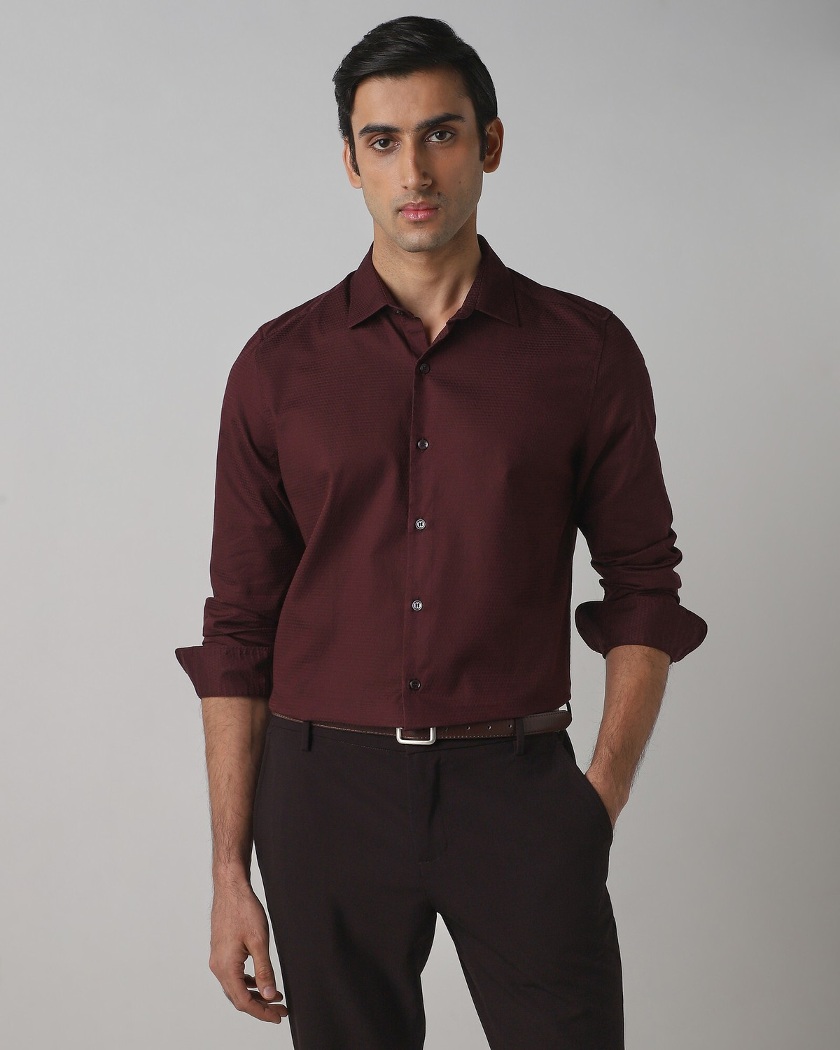 Image of MUFTI Men Solid Casual Maroon Shirt