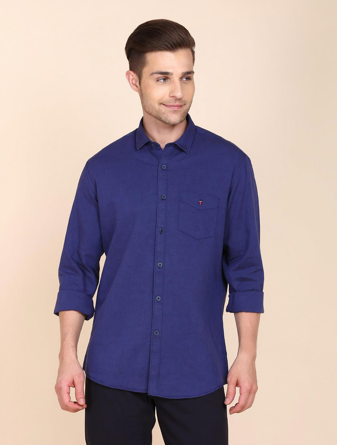 Image of Louis Philippe Sport Men Solid Casual Dark Blue Shirt