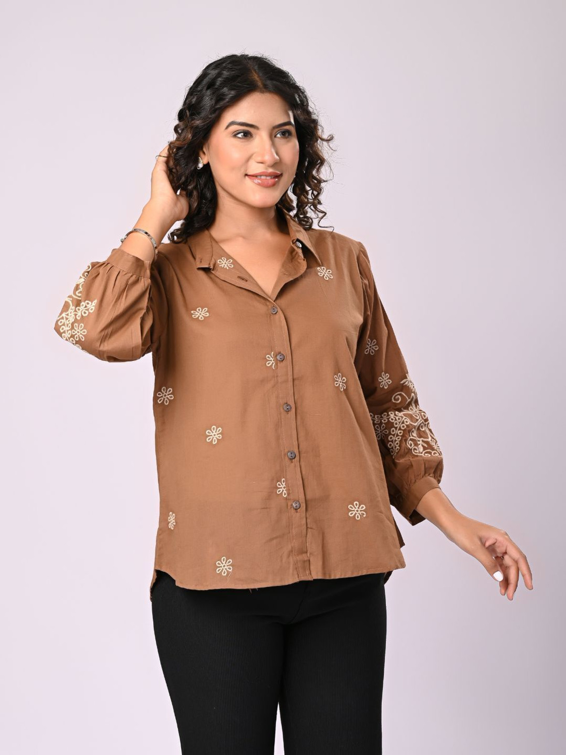 Image of Zolo Label Women Embroidered Casual Brown Shirt