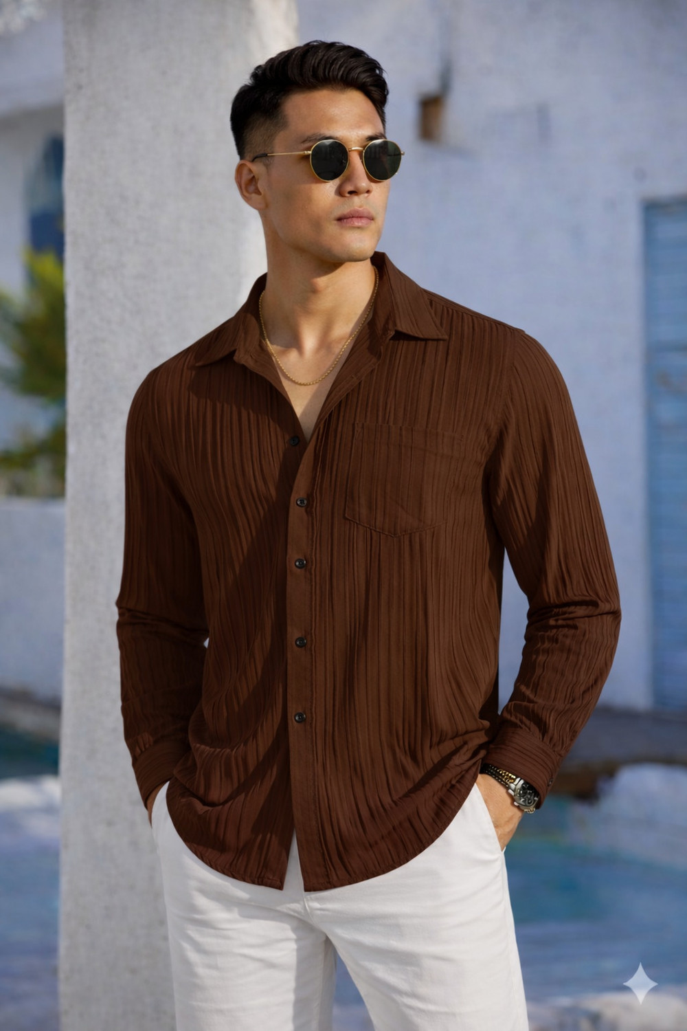 Image of KedarKanth Men Self Design Casual Brown Shirt