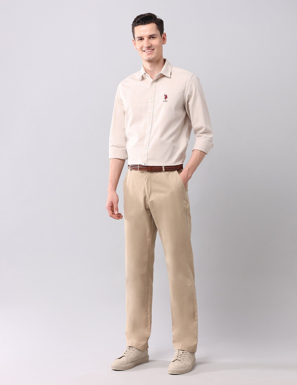 Image of U.S. POLO ASSN. Men Solid Casual Beige Shirt