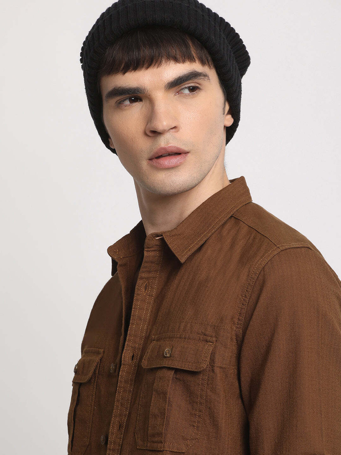 Image of THE BEAR HOUSE Men Solid Casual Brown Shirt