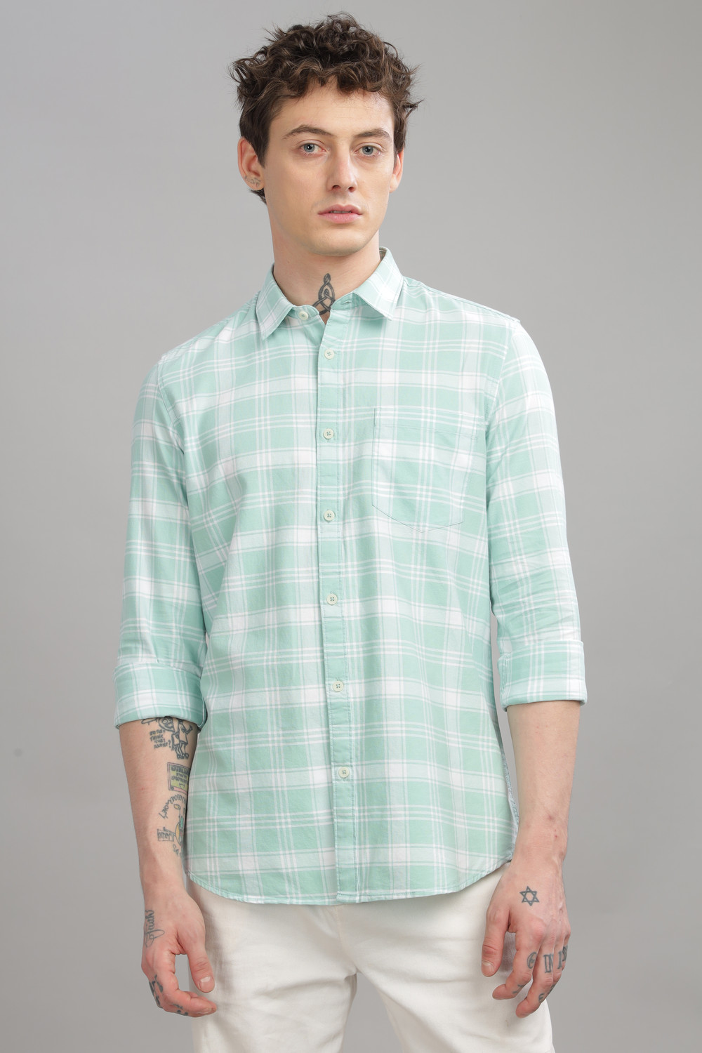 Image of BLU MNKY Men Checkered Casual Light Green Shirt