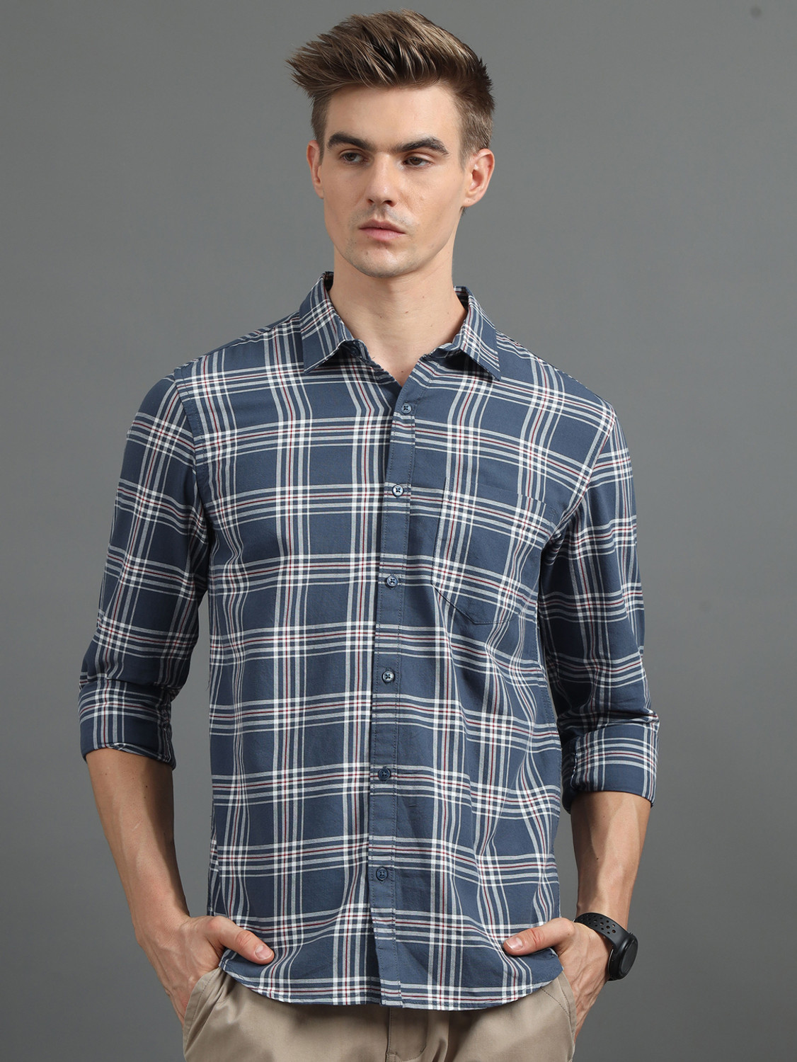Image of Bushirt Men Checkered Casual Grey Shirt