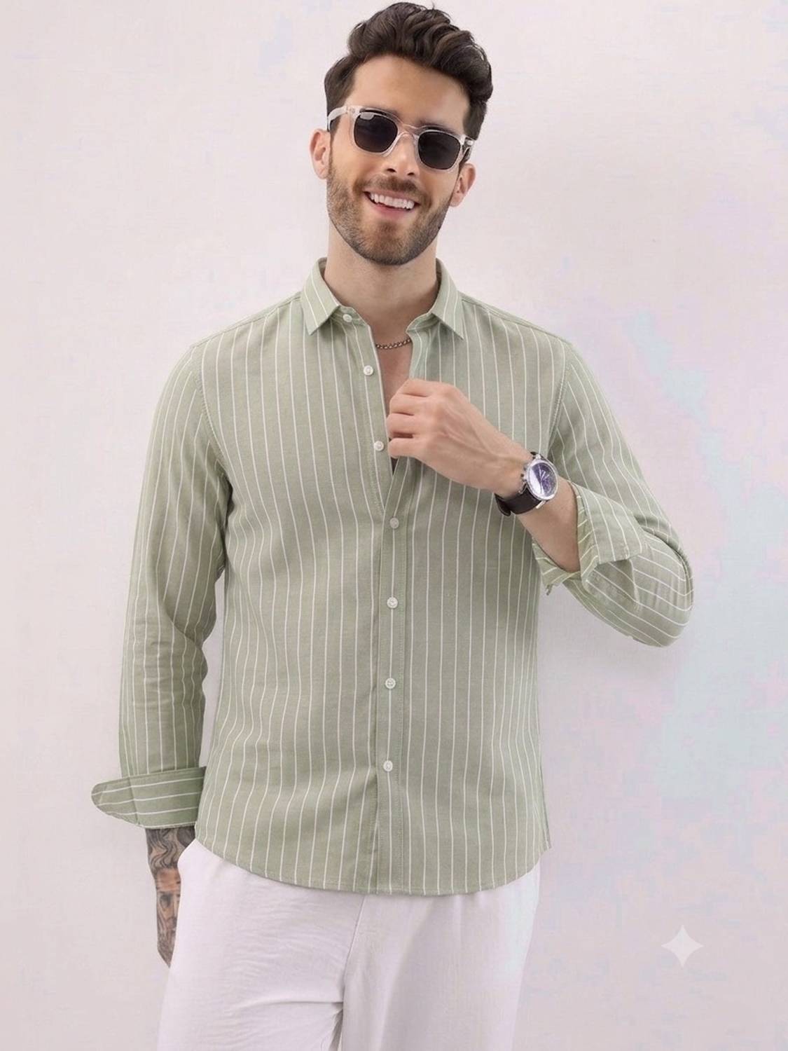 Roadster Men Light Green Striped Shirt - Image 2