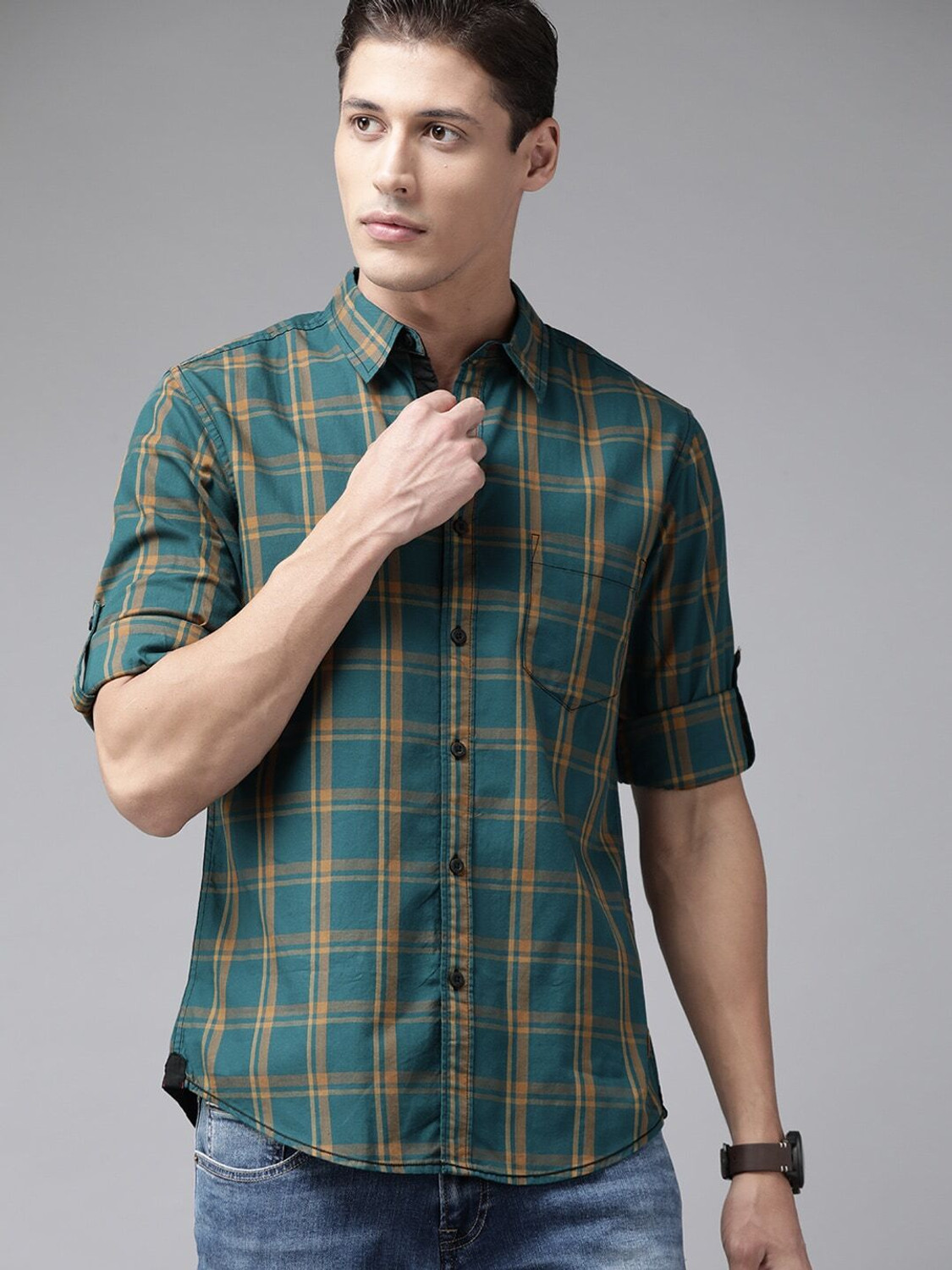Image of Roadster Men Checkered Casual Blue Shirt