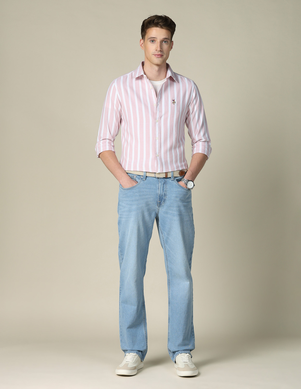 Image of U.S. POLO ASSN. Men Striped Casual Pink Shirt