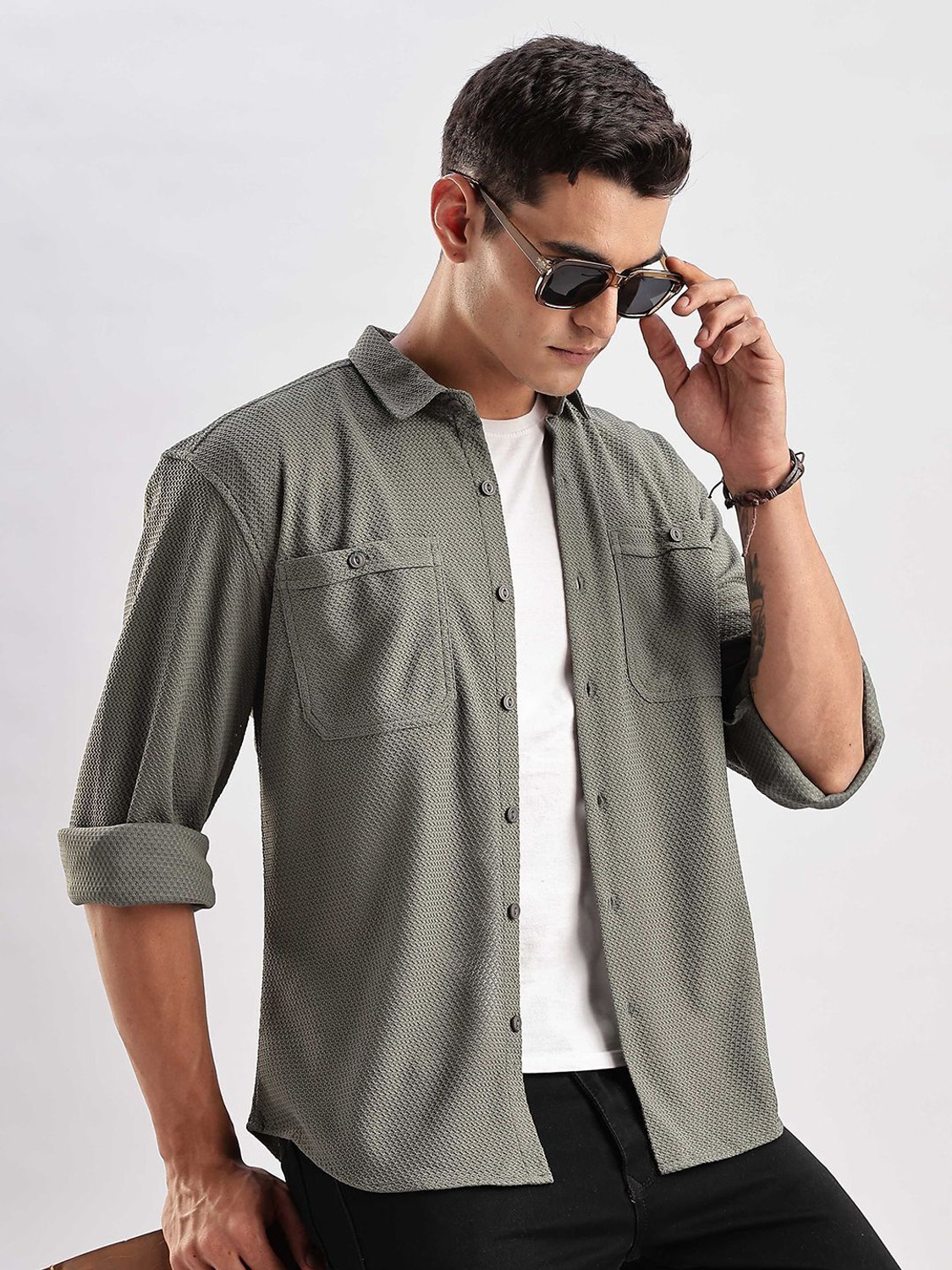 Image of HERE&NOW Men Striped Casual Grey Shirt