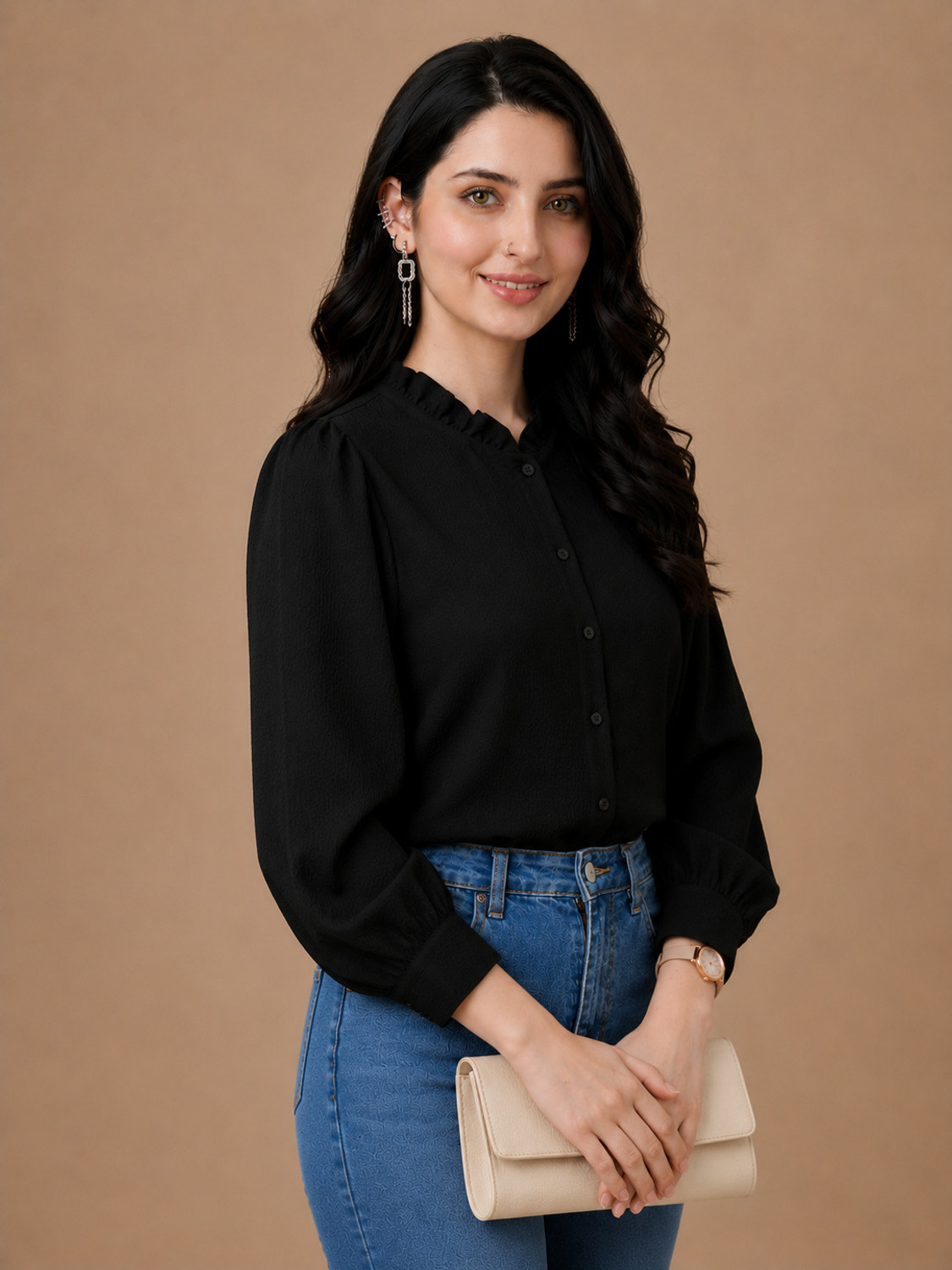 Image of fab & funky Women Solid Lounge Wear Black Shirt