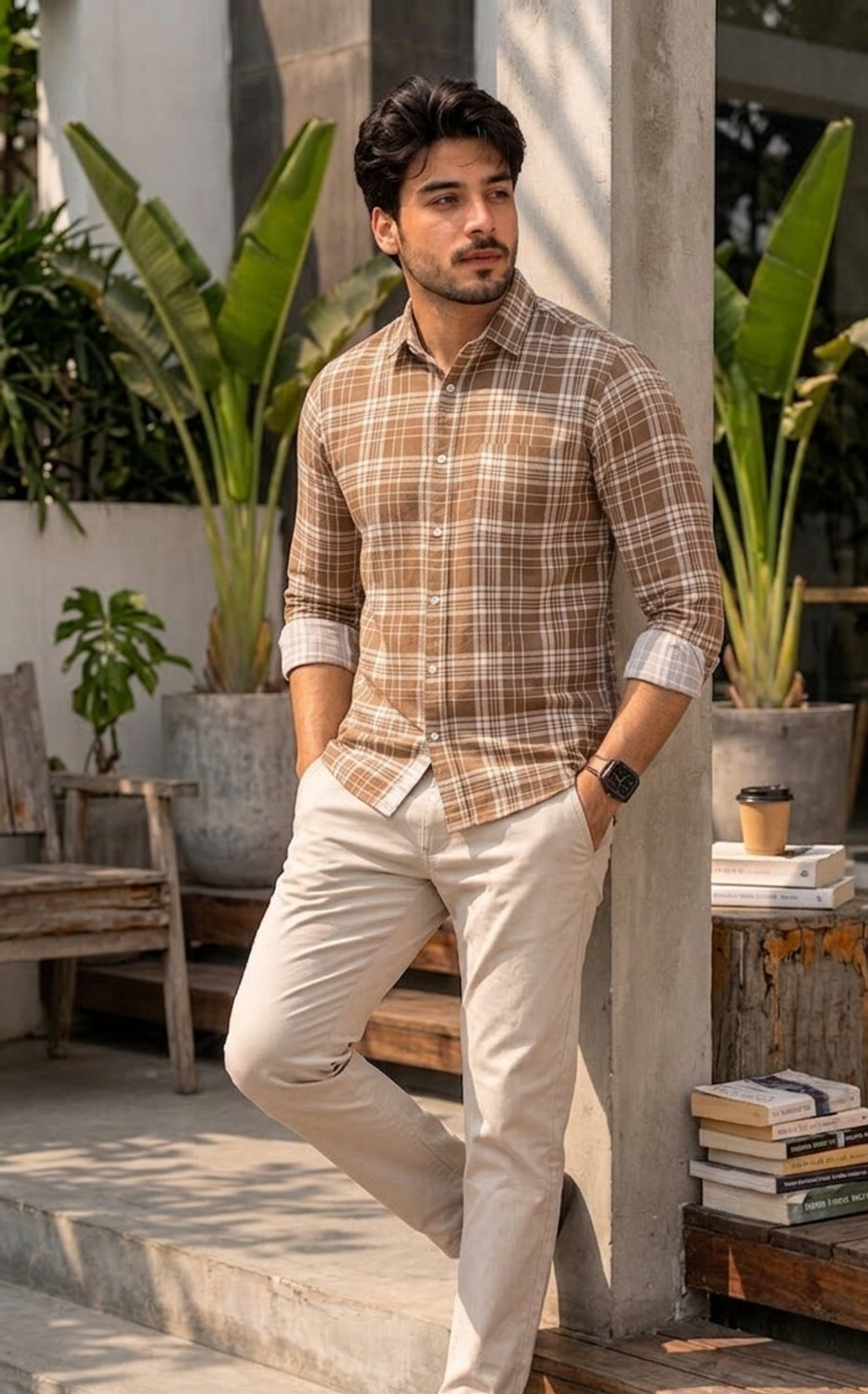 Image of Roadster Men Checkered Casual Brown, White Shirt