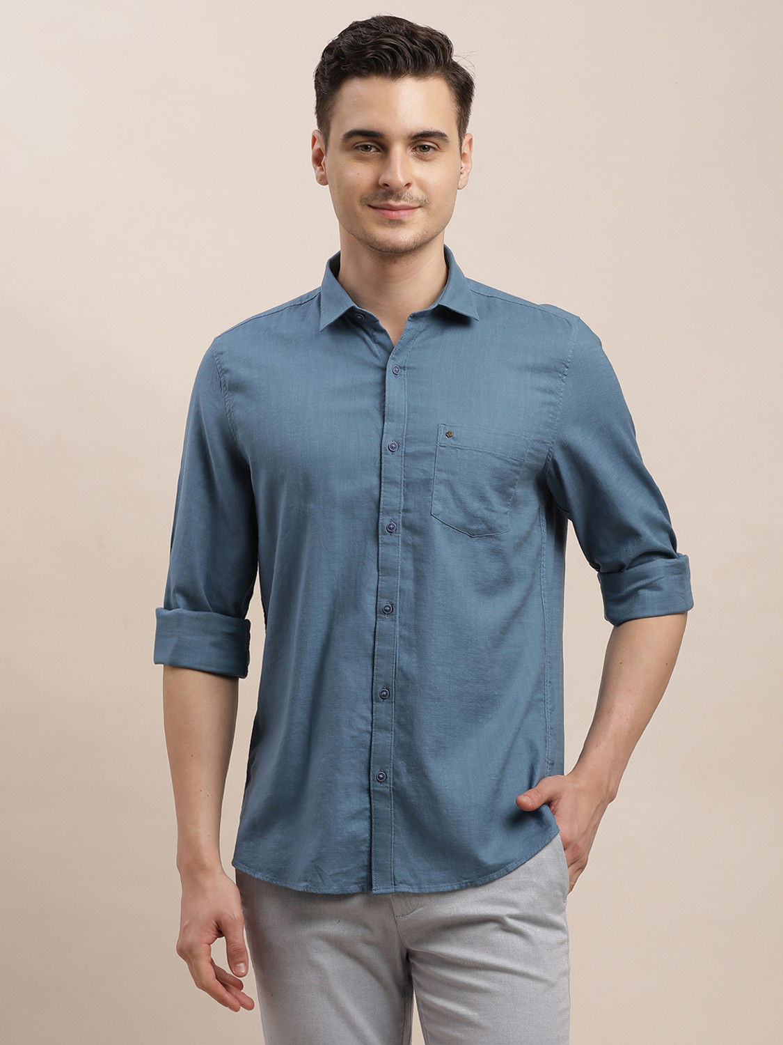Image of TURTLE Men Solid Casual Blue Shirt