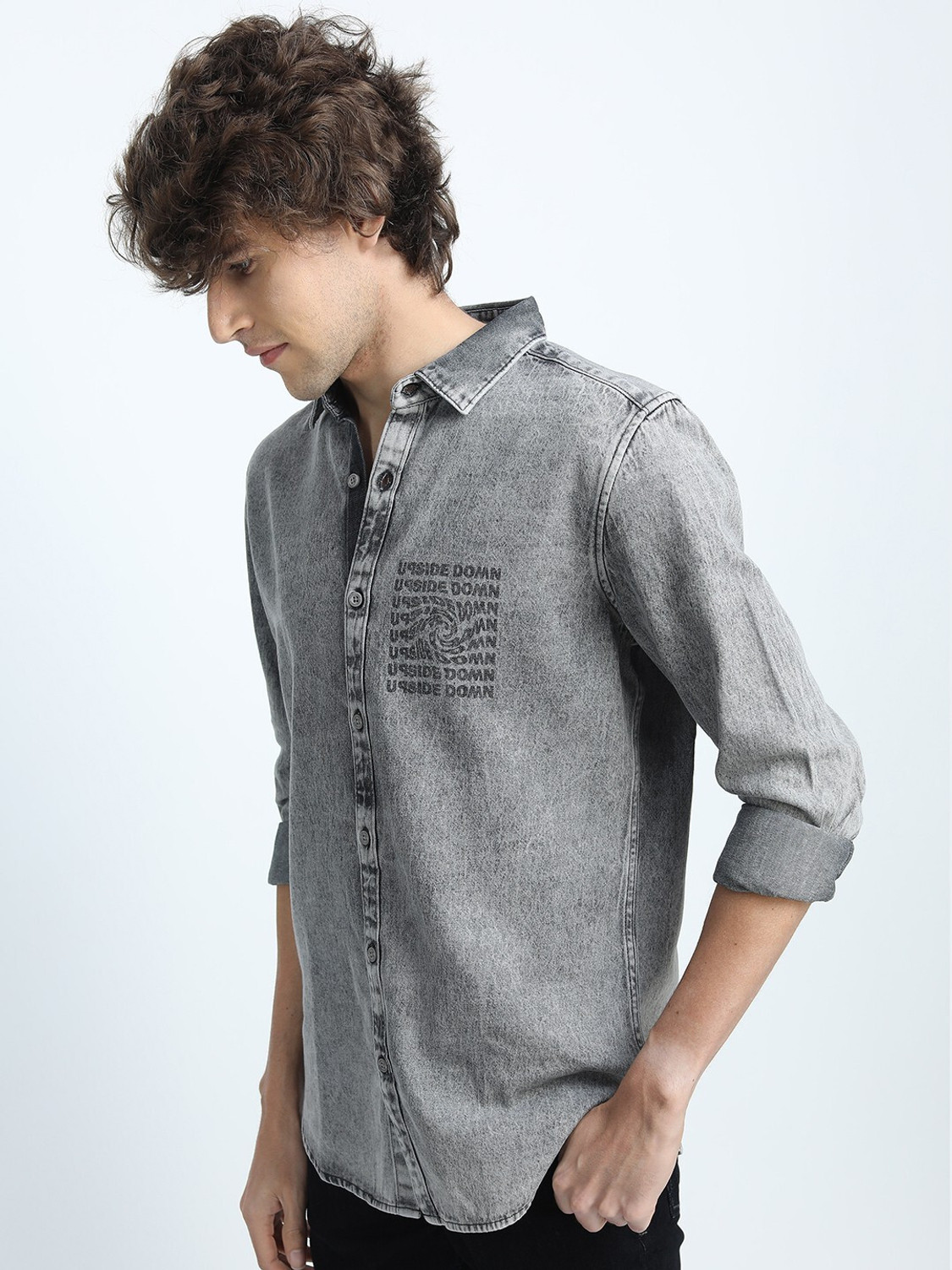 Image of HIGHLANDER Men Solid Casual Grey Shirt