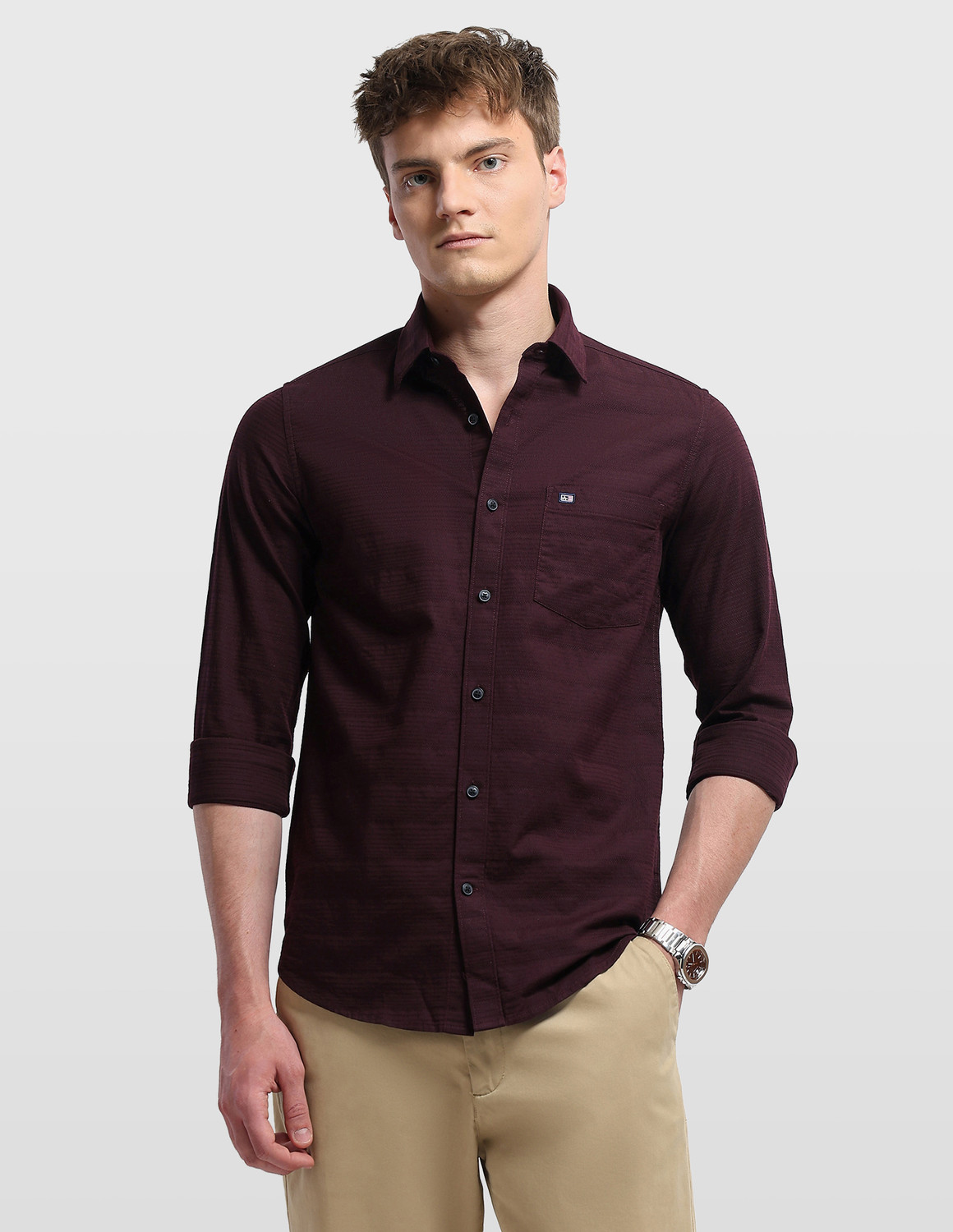 Image of Arrow Sport Men Striped Casual Maroon Shirt