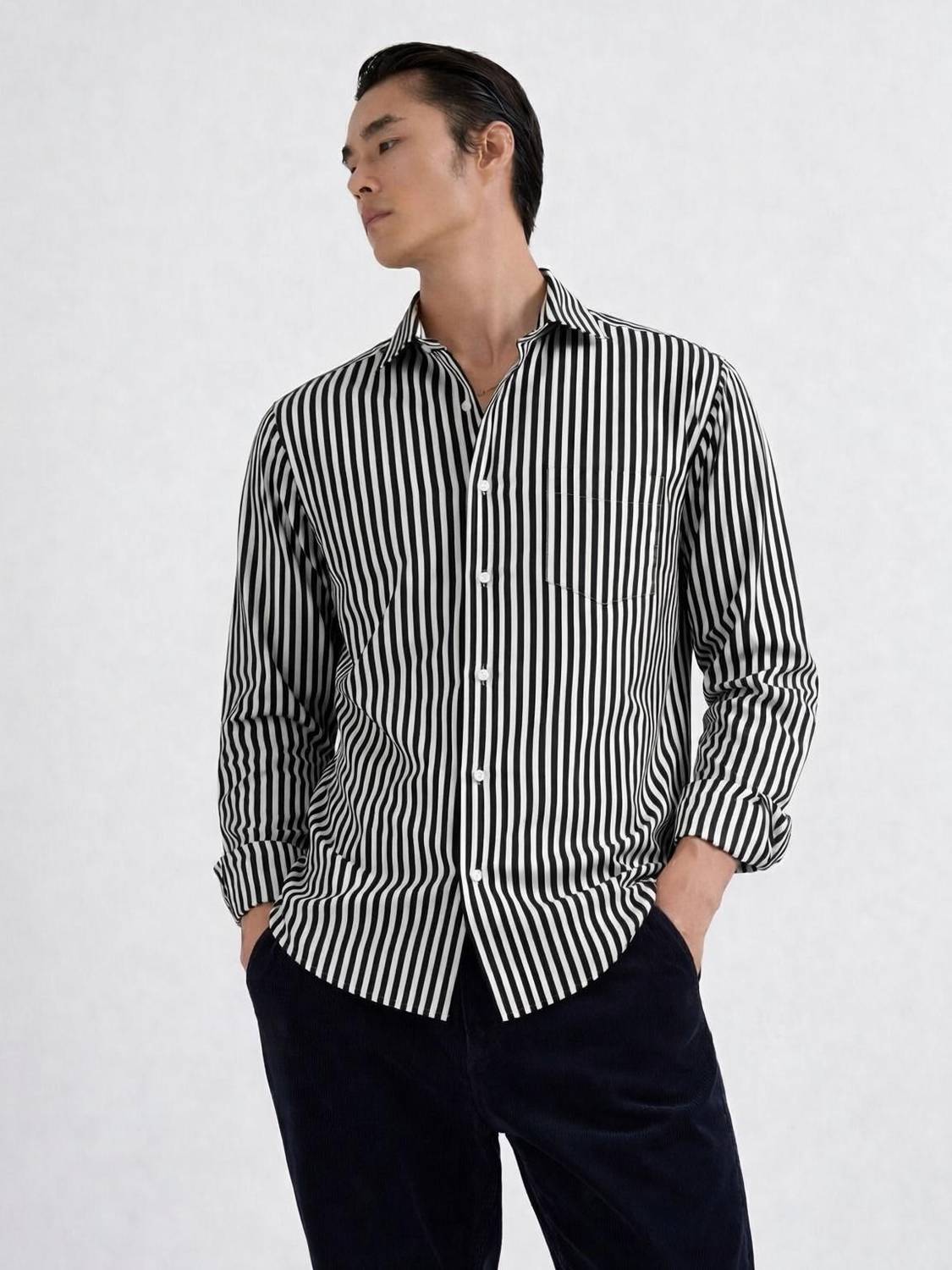 CAMBREEN Men Striped Casual White, Black Shirt