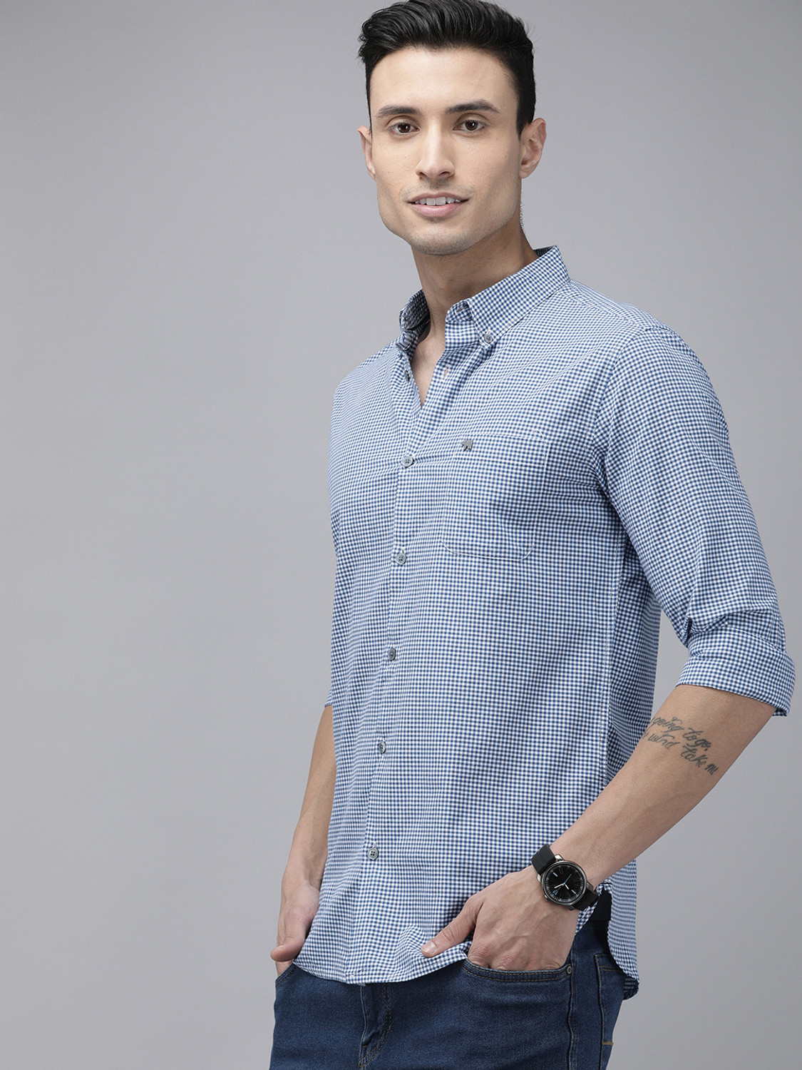 Image of THE BEAR HOUSE Men Checkered Casual Blue, White Shirt