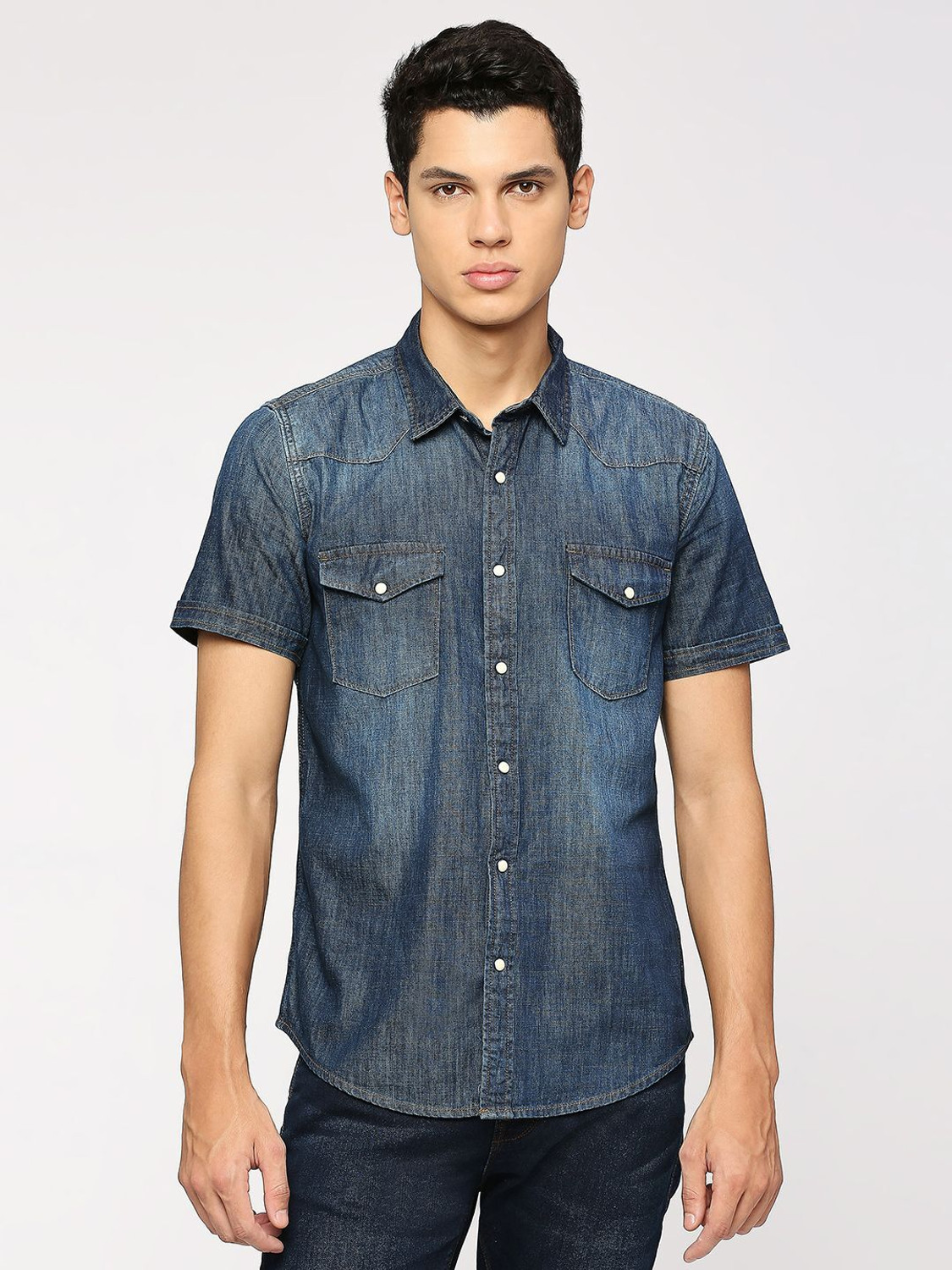 Image of Pepe Jeans Men Washed Casual Blue Shirt