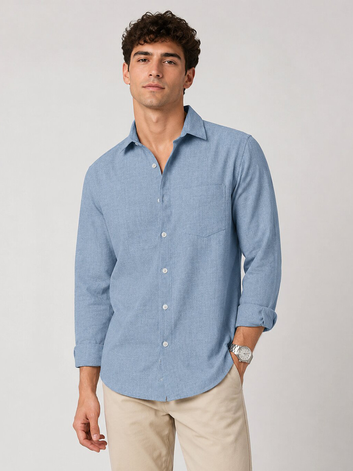 Image of METRONAUT Men Solid Casual Blue Shirt