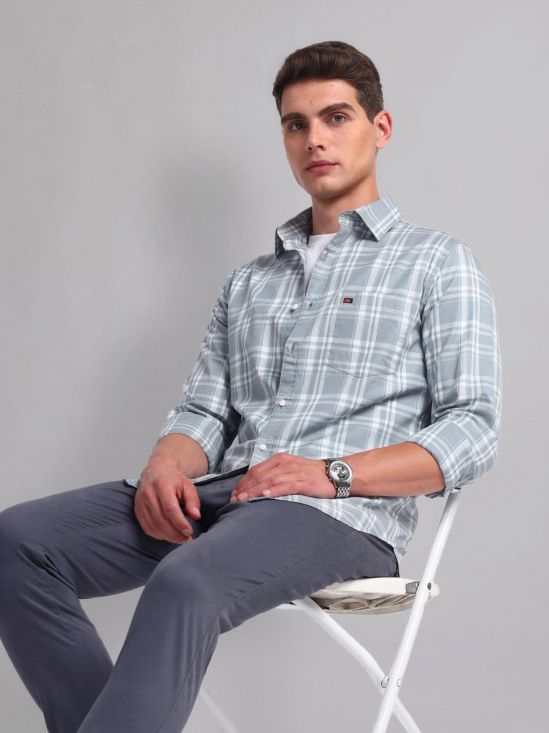 Image of AD by Arvind Men Checkered Casual Grey Shirt