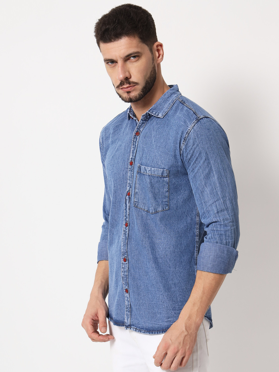 Image of Double One Men Washed Casual Blue Shirt