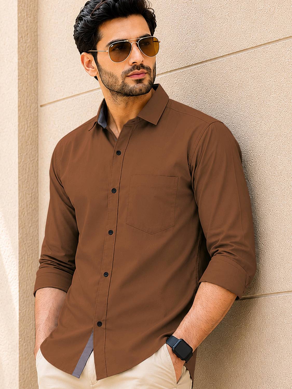 VeBNoR Men Solid Casual Brown Shirt - Image 2