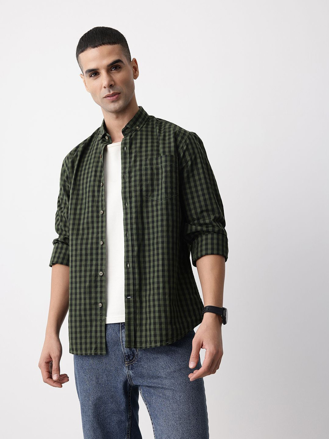 Image of Mast & Harbour Men Checkered Casual Green Shirt