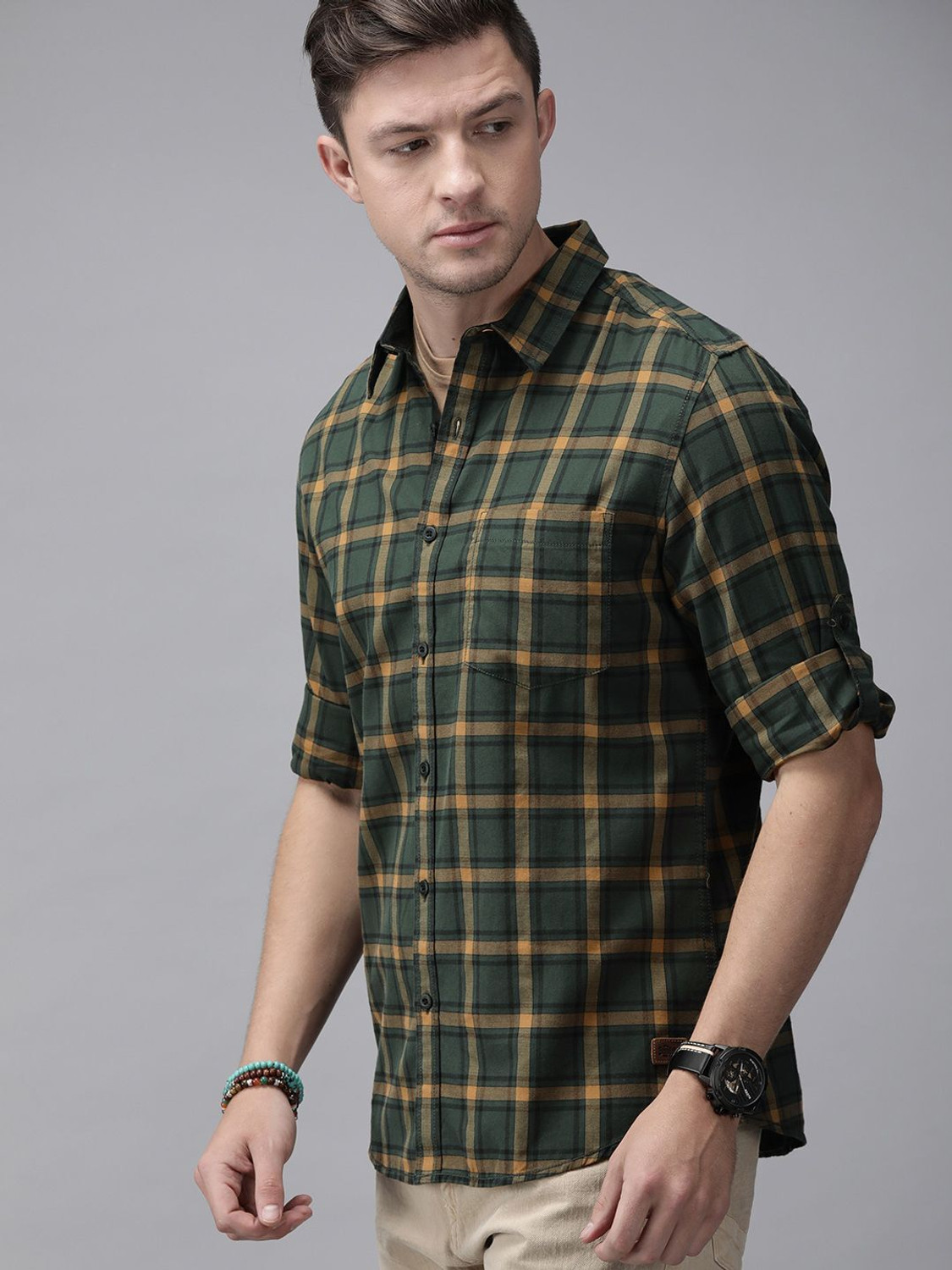 Image of Roadster Men Checkered Casual Green Shirt