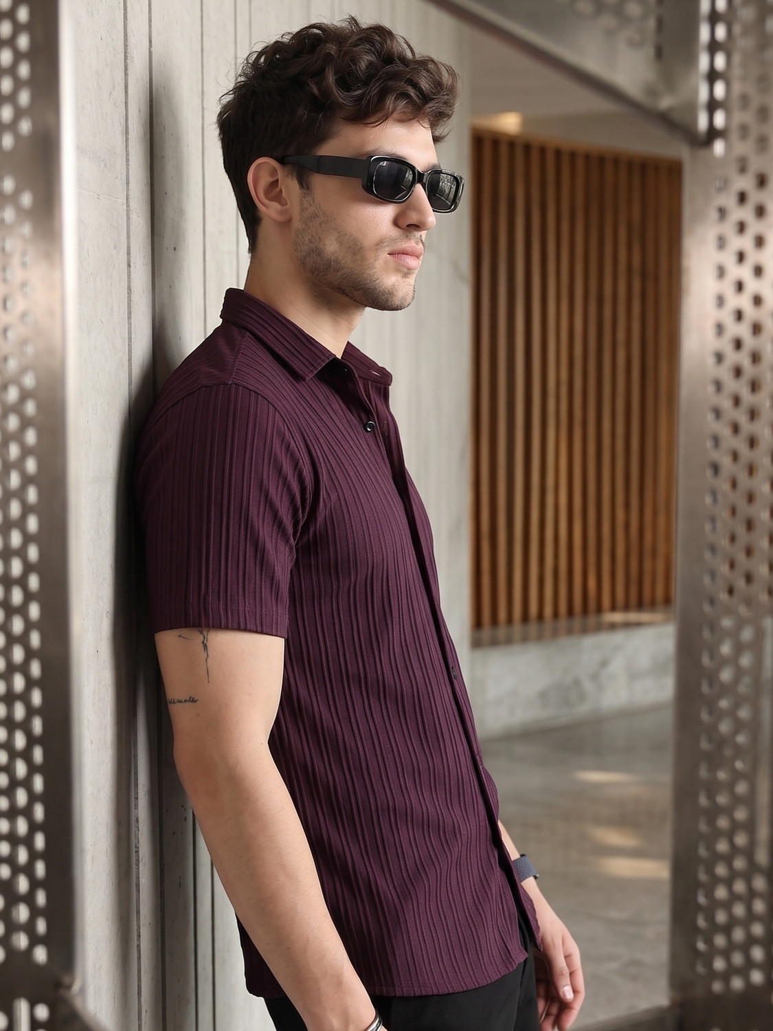 Image of NIVICK Men Self Design Casual Purple Shirt