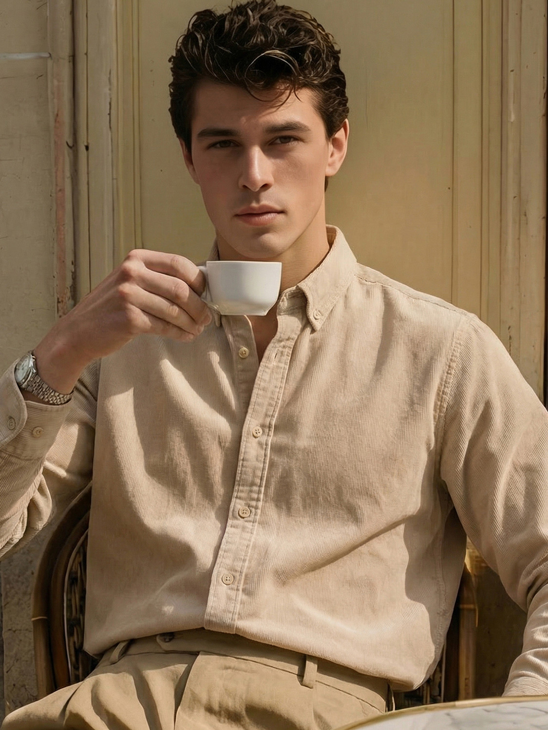 Image of LOCOMOTIVE Men Self Design Casual Beige Shirt