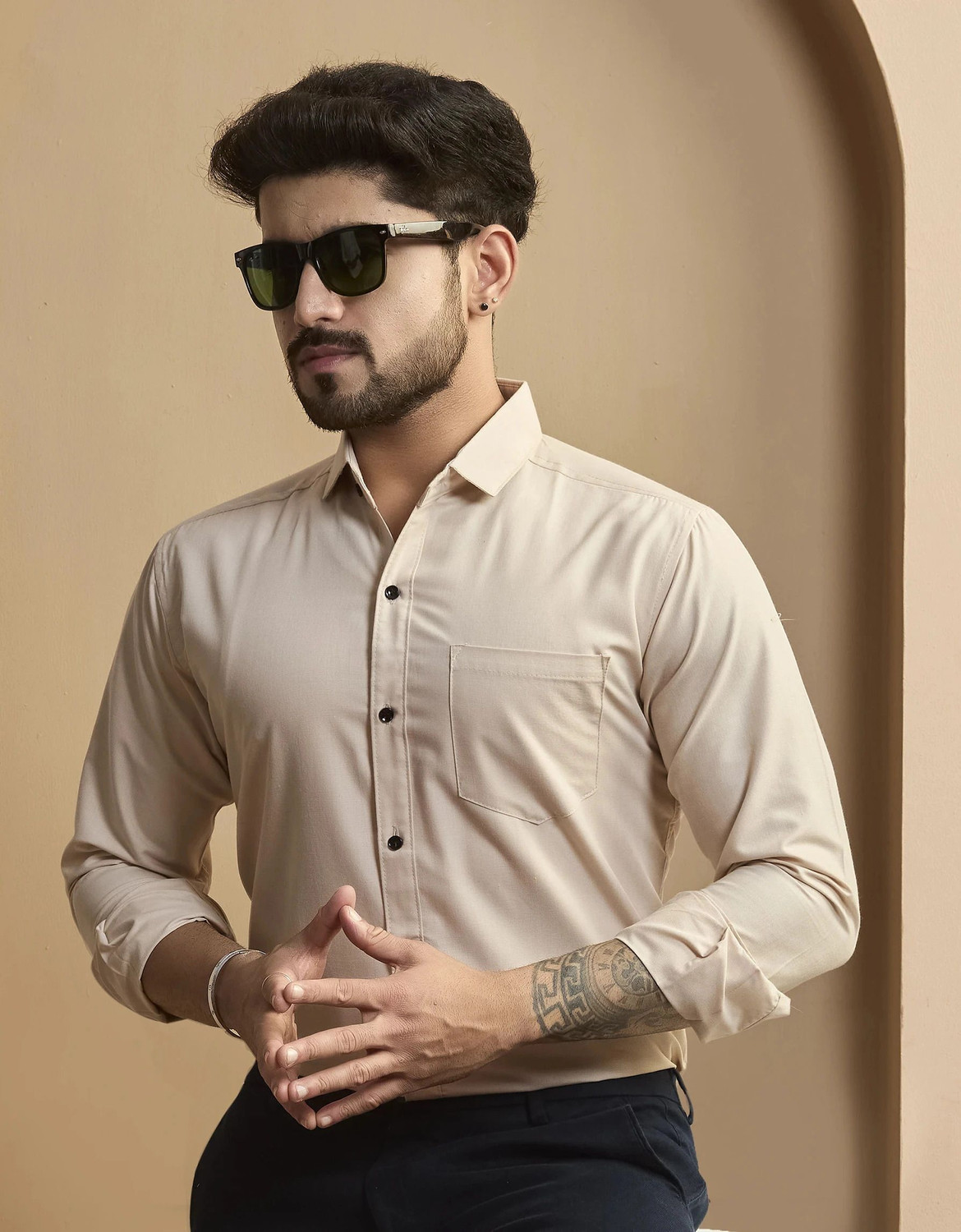 Image of STONEBERG Men Solid Formal Cream Shirt