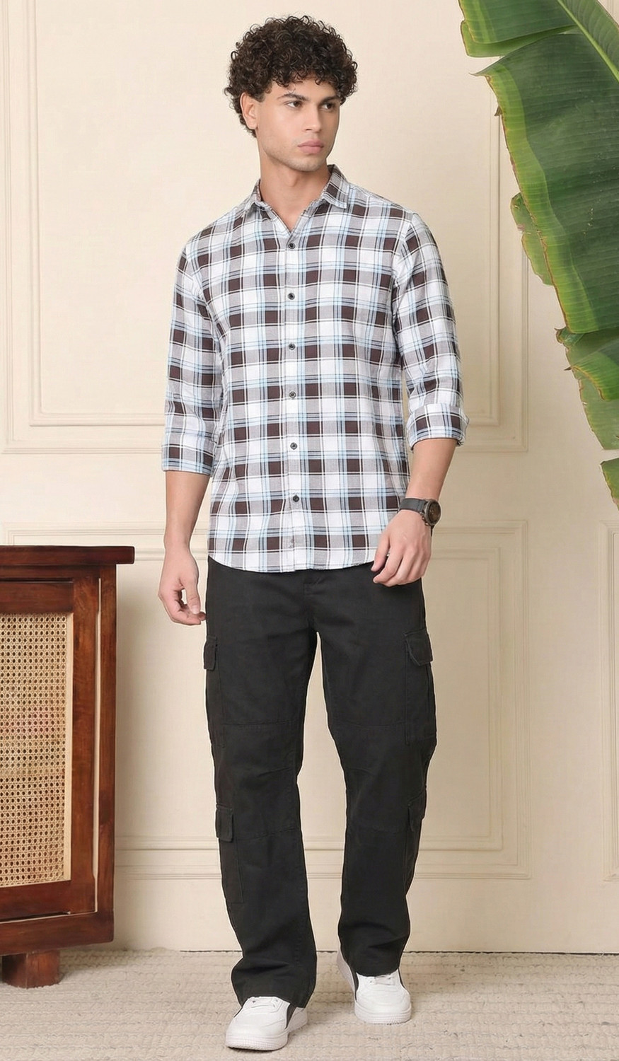Image of METRONAUT Men Checkered Casual Brown, White Shirt