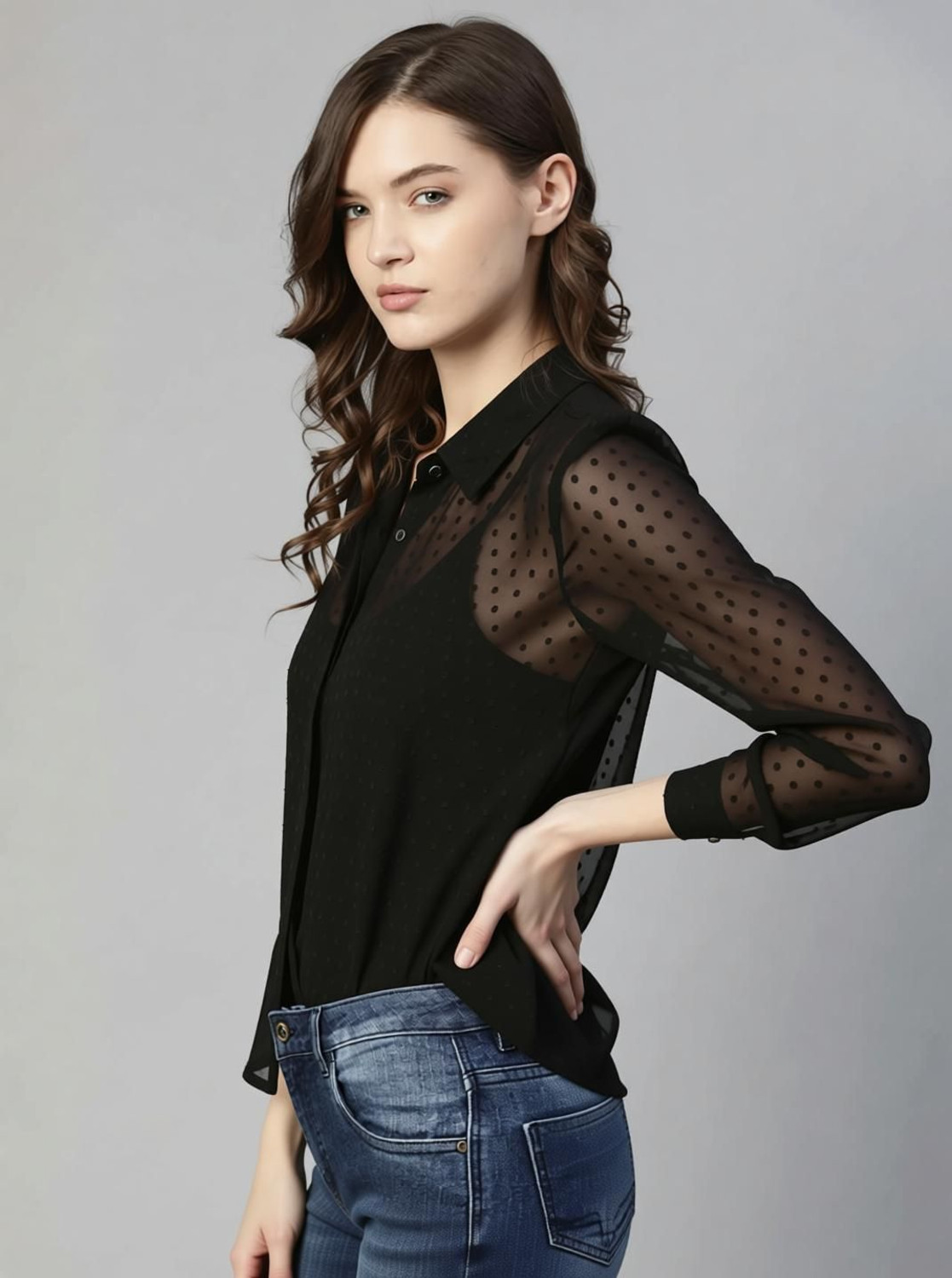Image of AKSHASTORE Women Self Design Casual Black Shirt