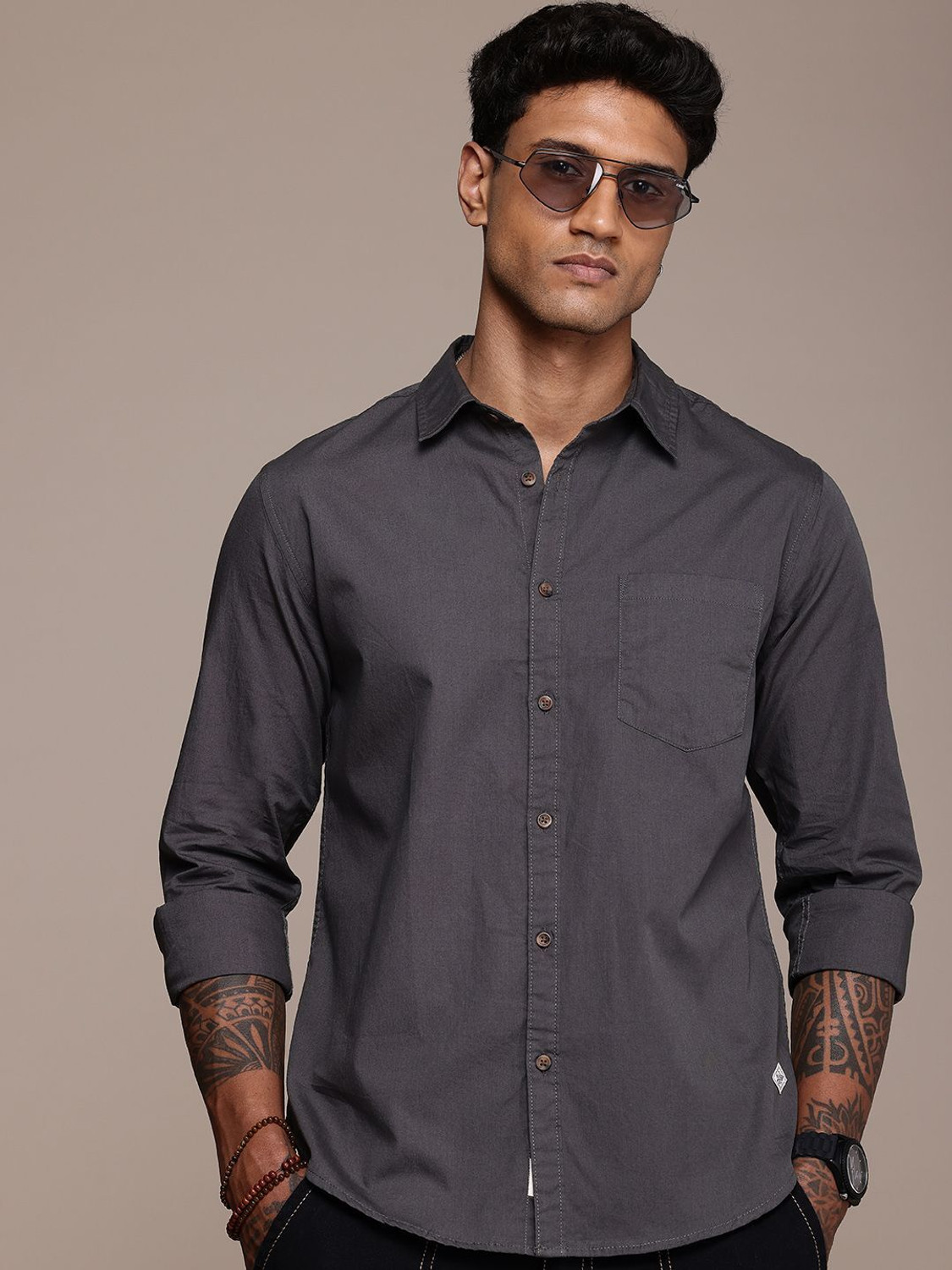 Image of Roadster Men Solid Casual Grey Shirt