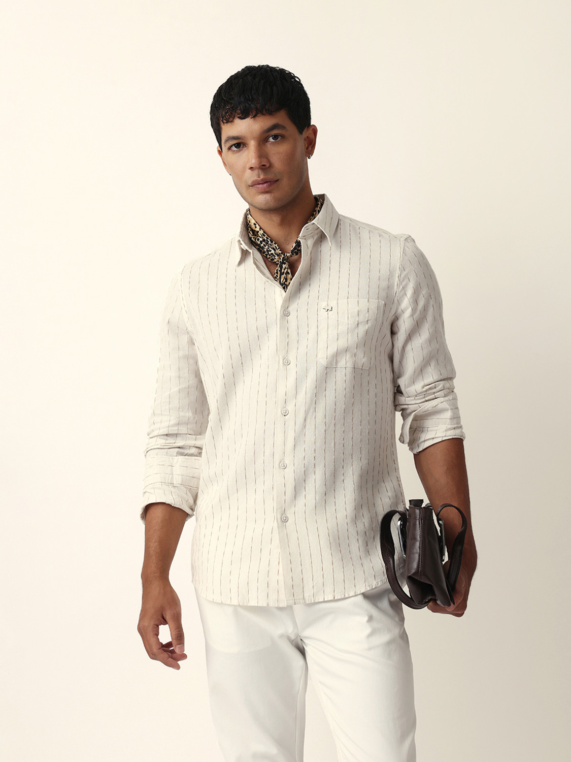 Image of THE BEAR HOUSE Men Striped Casual Cream Shirt