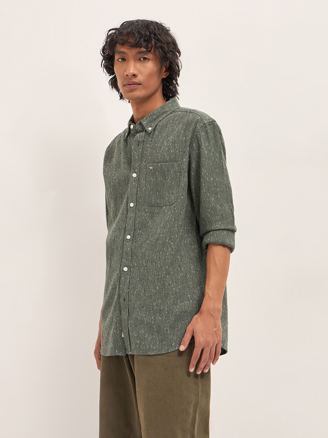 Image of THE BEAR HOUSE Men Self Design Casual Green Shirt