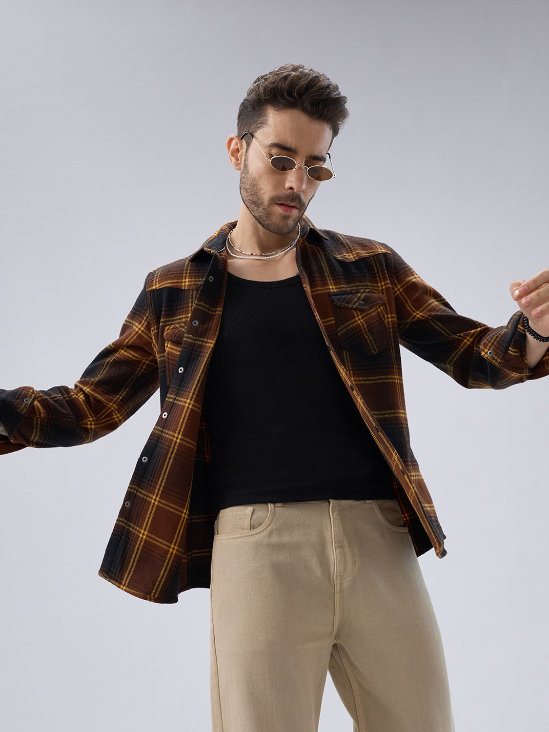 Image of VASTRADO Men Checkered Casual Brown Shirt
