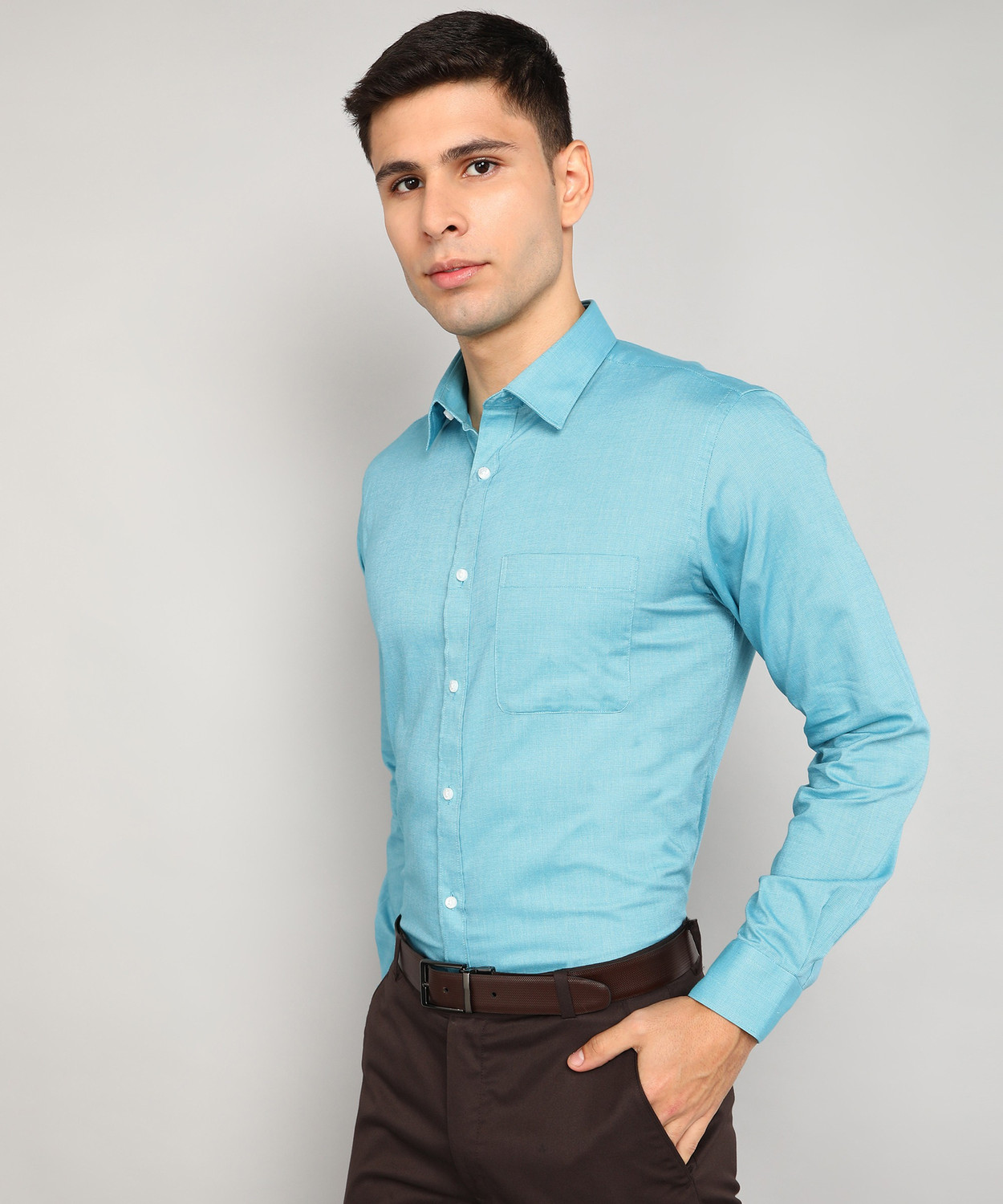 Image of Raymond Men Self Design Formal Light Blue Shirt