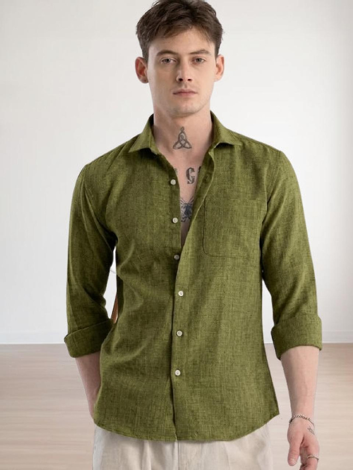 Image of HELIXATTIRE Men Regular Fit Solid Spread Collar Casual Shirt