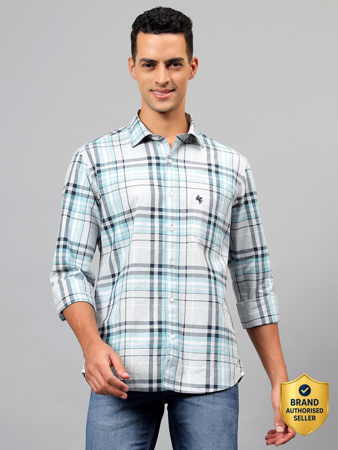 Image of CANTABIL Men Checkered Casual Grey Shirt