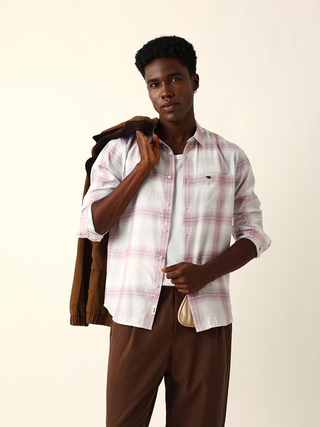 Image of THE BEAR HOUSE Men Checkered Casual Pink Shirt