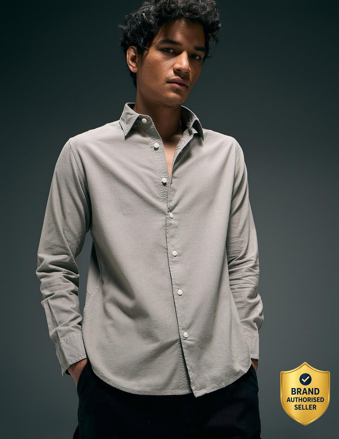 Image of FLYING MACHINE Men Solid Casual Grey Shirt