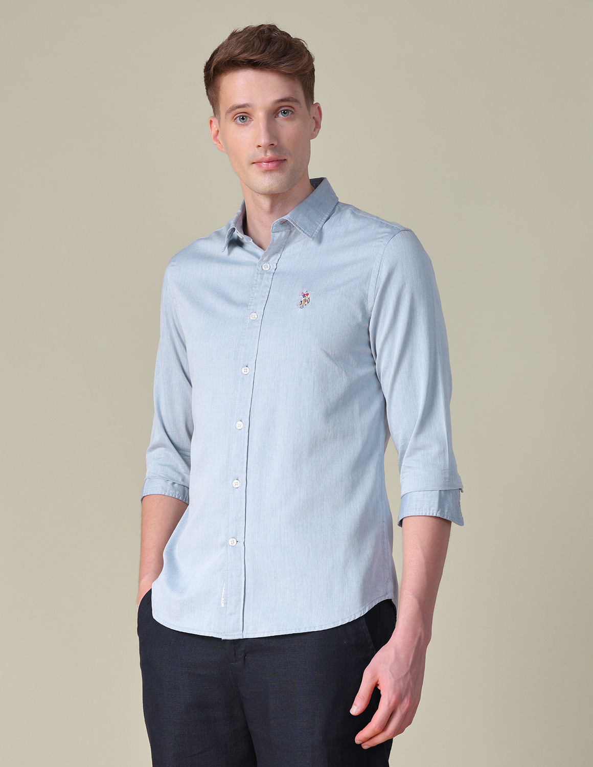 Image of U.S. POLO ASSN. Men Self Design Casual Blue Shirt