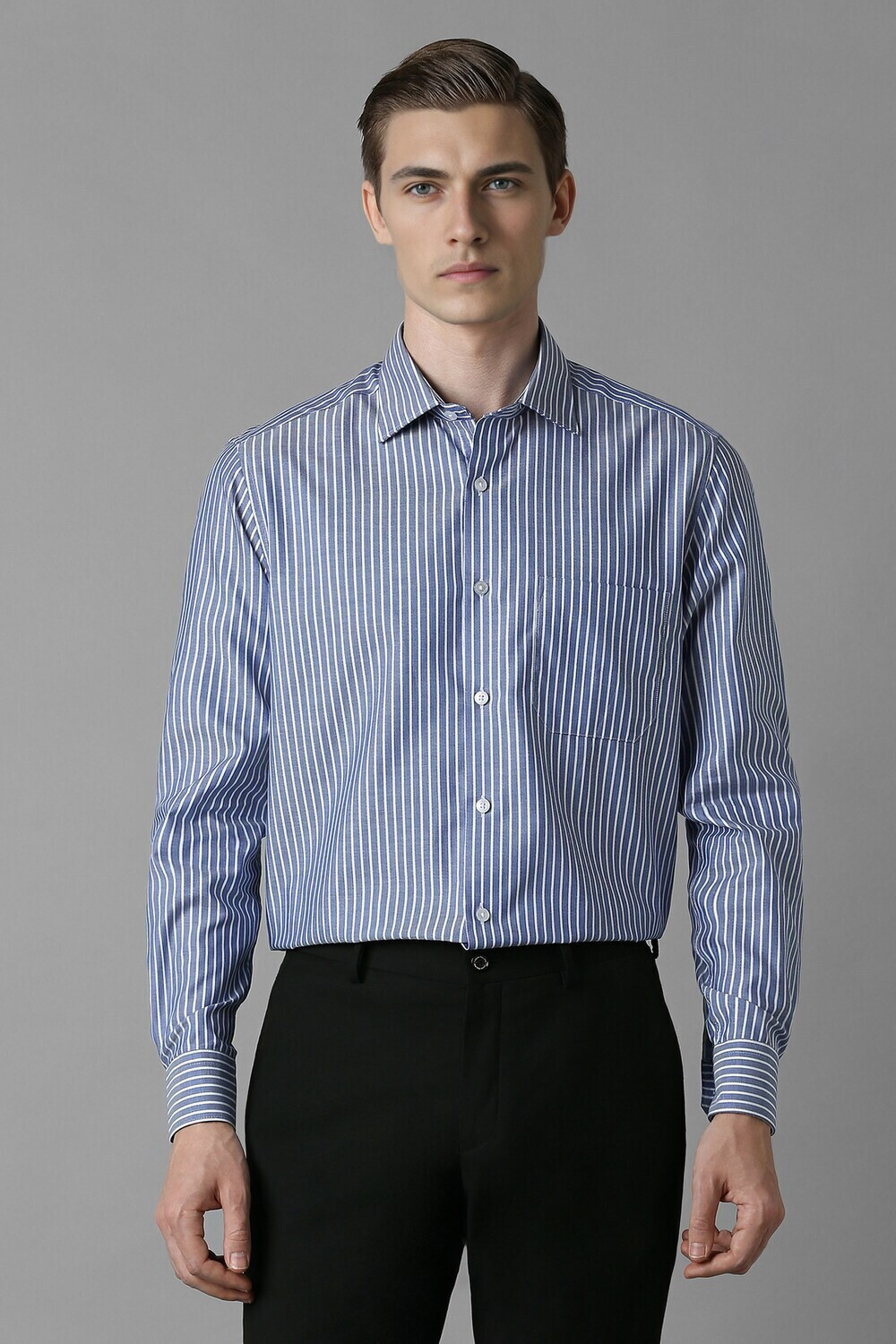 Image of LOUIS PHILIPPE Men Striped Formal Blue Shirt