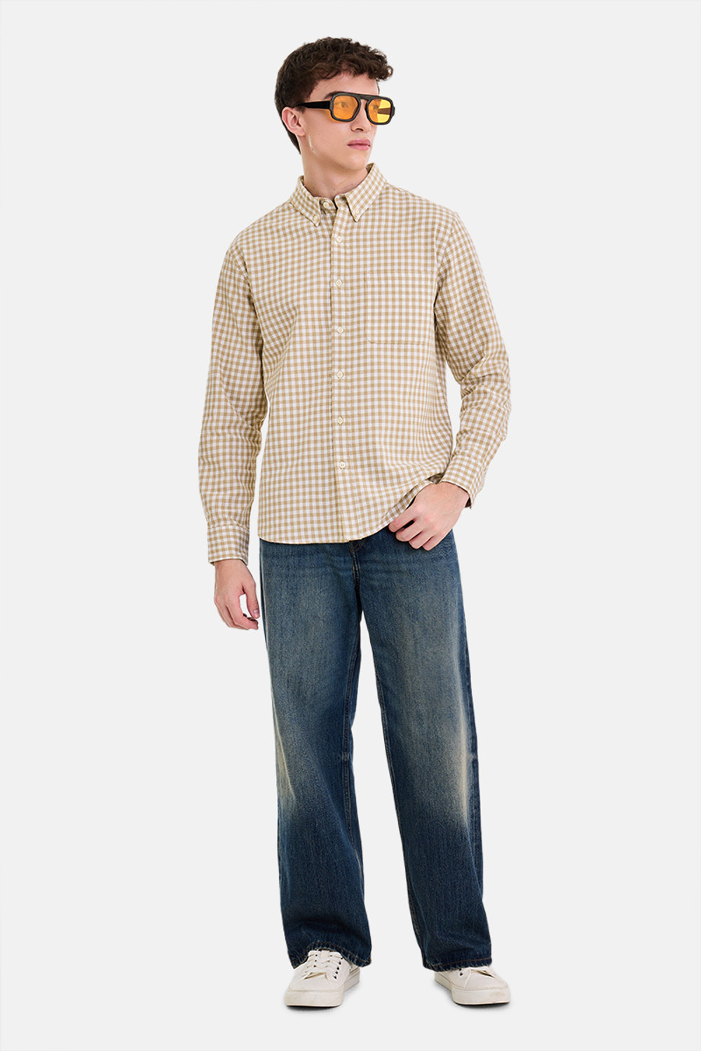 Image of Snitch Men Checkered Casual Beige Shirt
