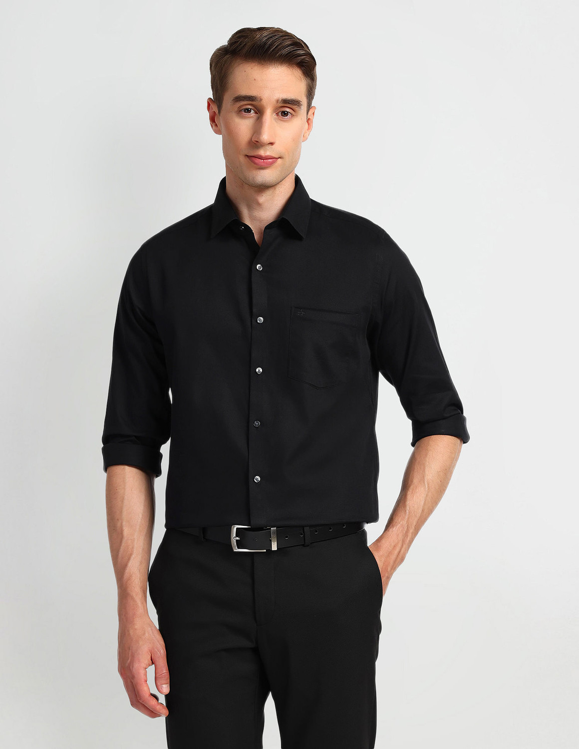 Image of ARROW Men Self Design Formal Black Shirt