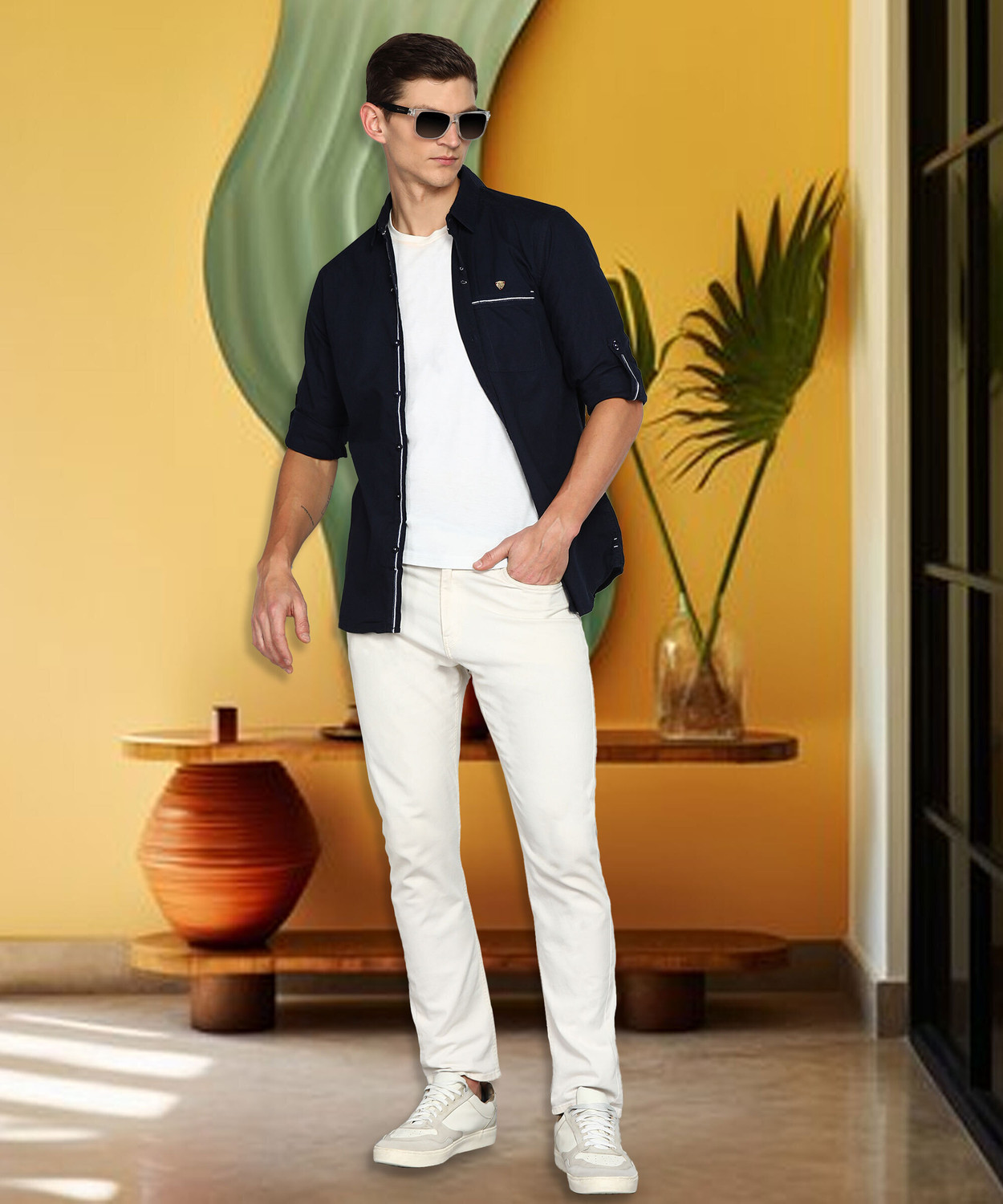 Image of KUONS AVENUE Men Solid Casual Dark Blue Shirt