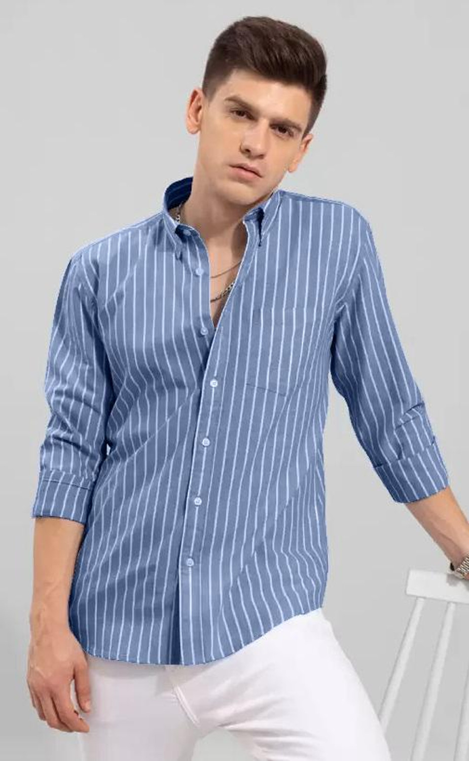 Image of RODEIZ Men Striped Casual Blue, White Shirt