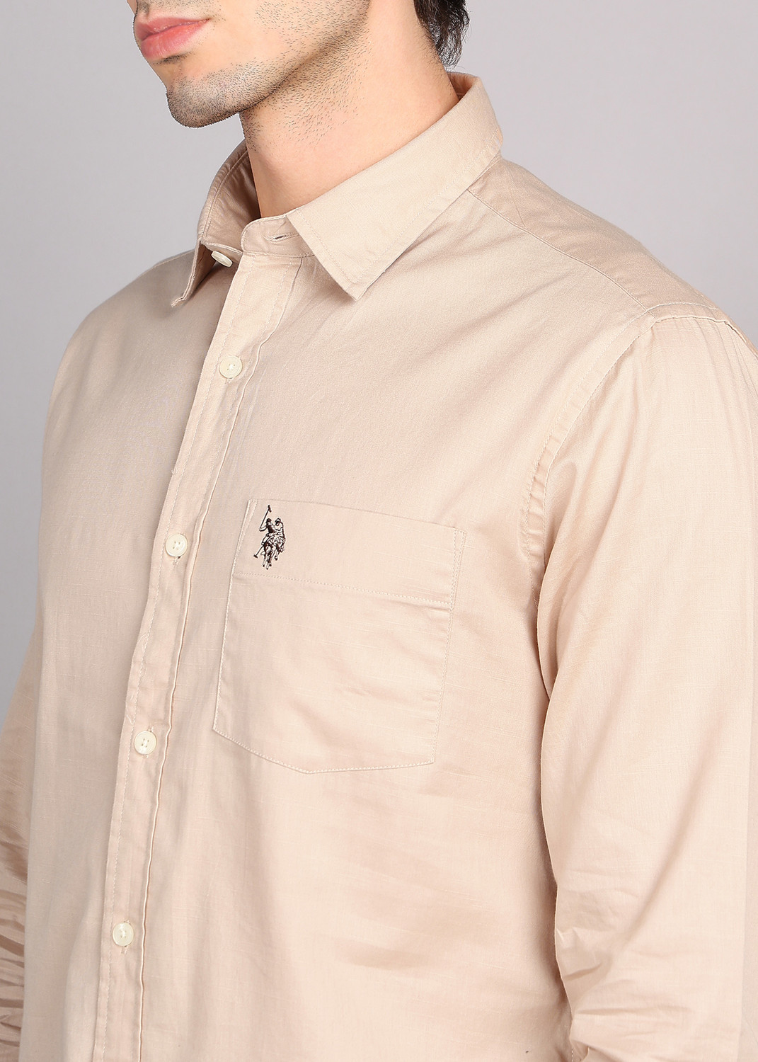 Image of U.S. POLO ASSN. Men Solid Casual Beige Shirt