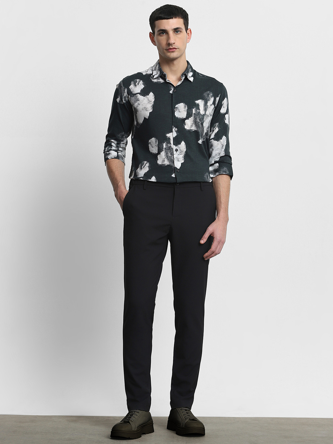 Image of MUFTI Men Printed Casual Dark Green Shirt
