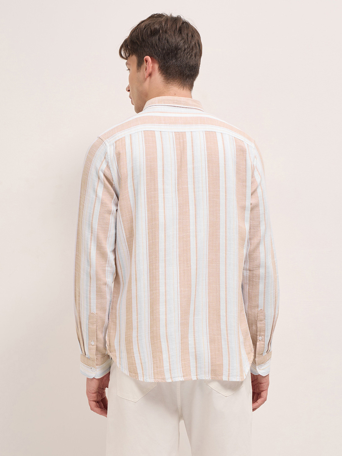 Image of THE BEAR HOUSE Men Striped Casual Beige Shirt